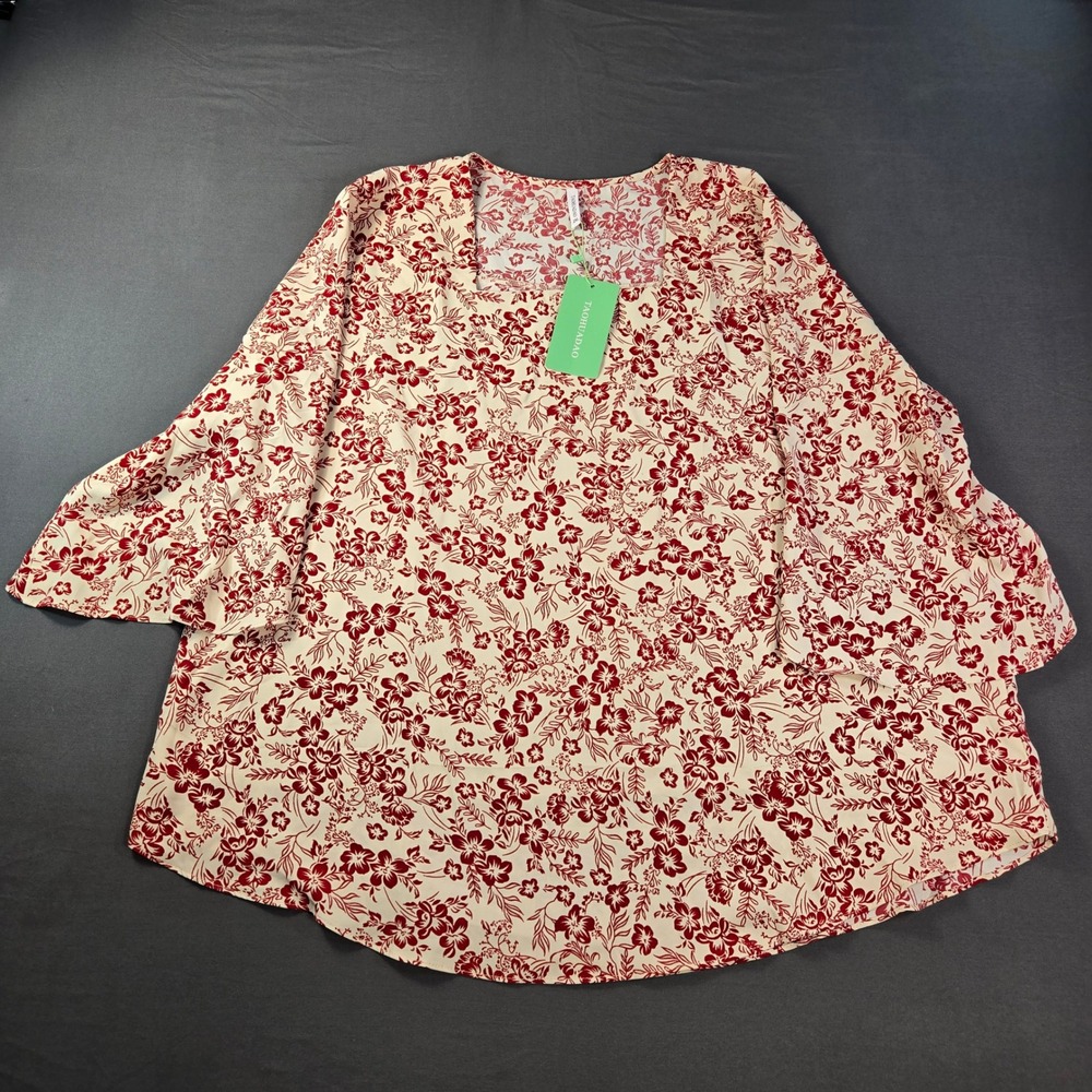 TAOHUADAO Women's 2XL Floral Square Neck Bell Sleeve Blouse Cream Burgundy Red